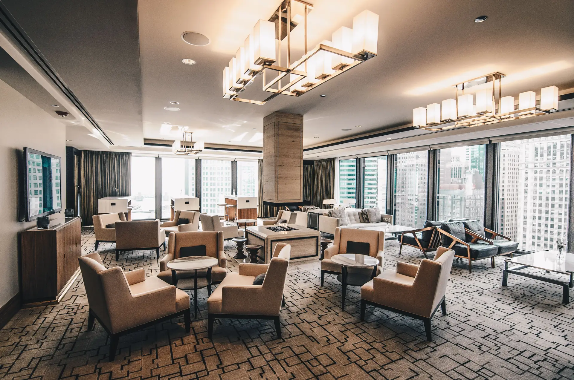 Modern hotel lounge with city views